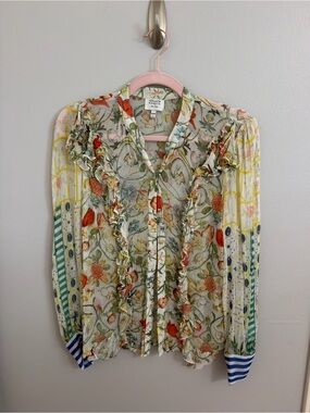 Hemant and Nandita Floral Ruffle Sheer Blouse with Striped Cuffs